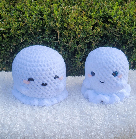 Cute Crochet Ghosts – Handmade White Ghosts with Little Arms, Rosy Cheeks, Blue, Black Eyes and adorable smiles