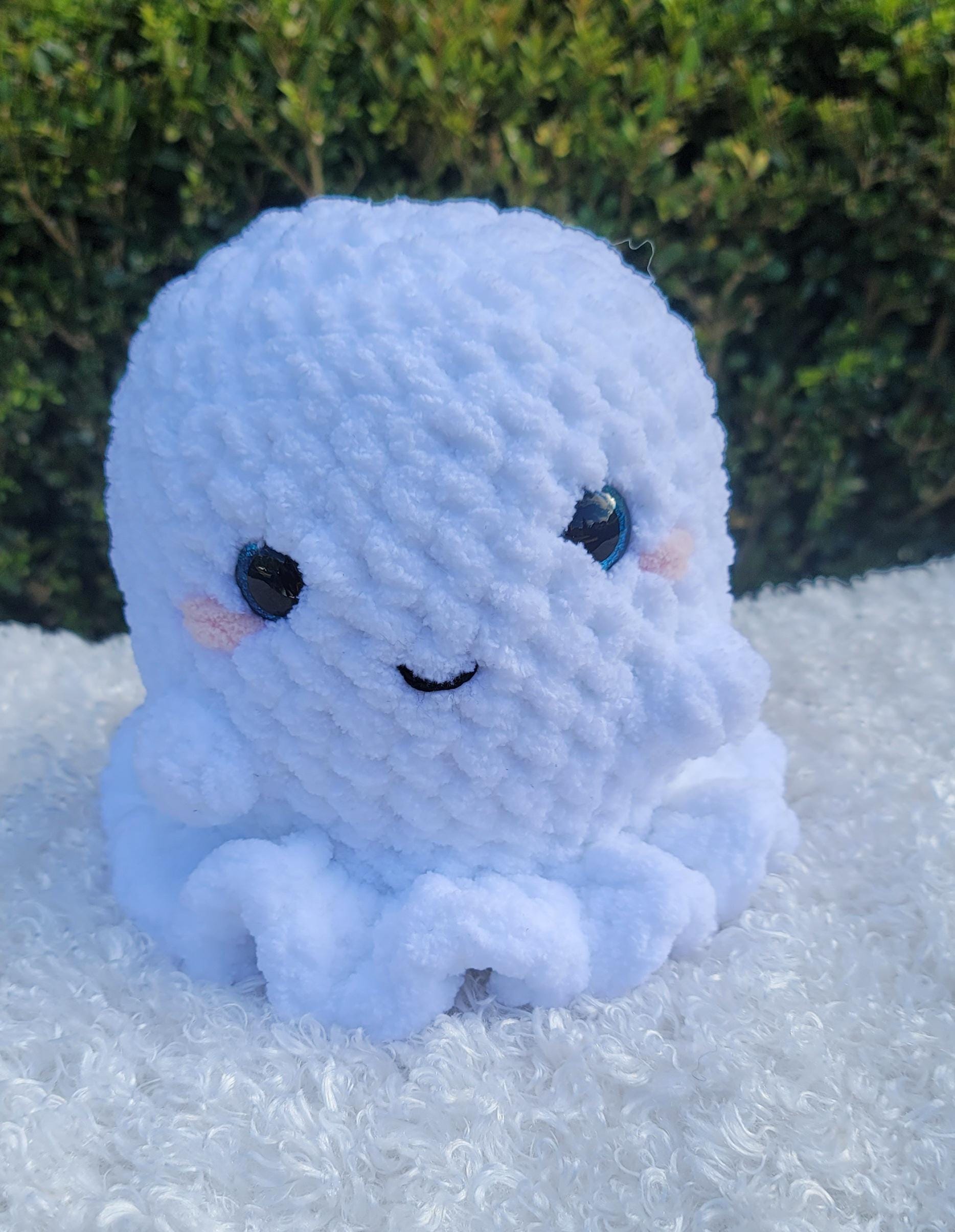 Cute Crochet Ghosts – Handmade White Ghosts with Little Arms, Rosy Cheeks, Blue, Black Eyes and adorable smiles
