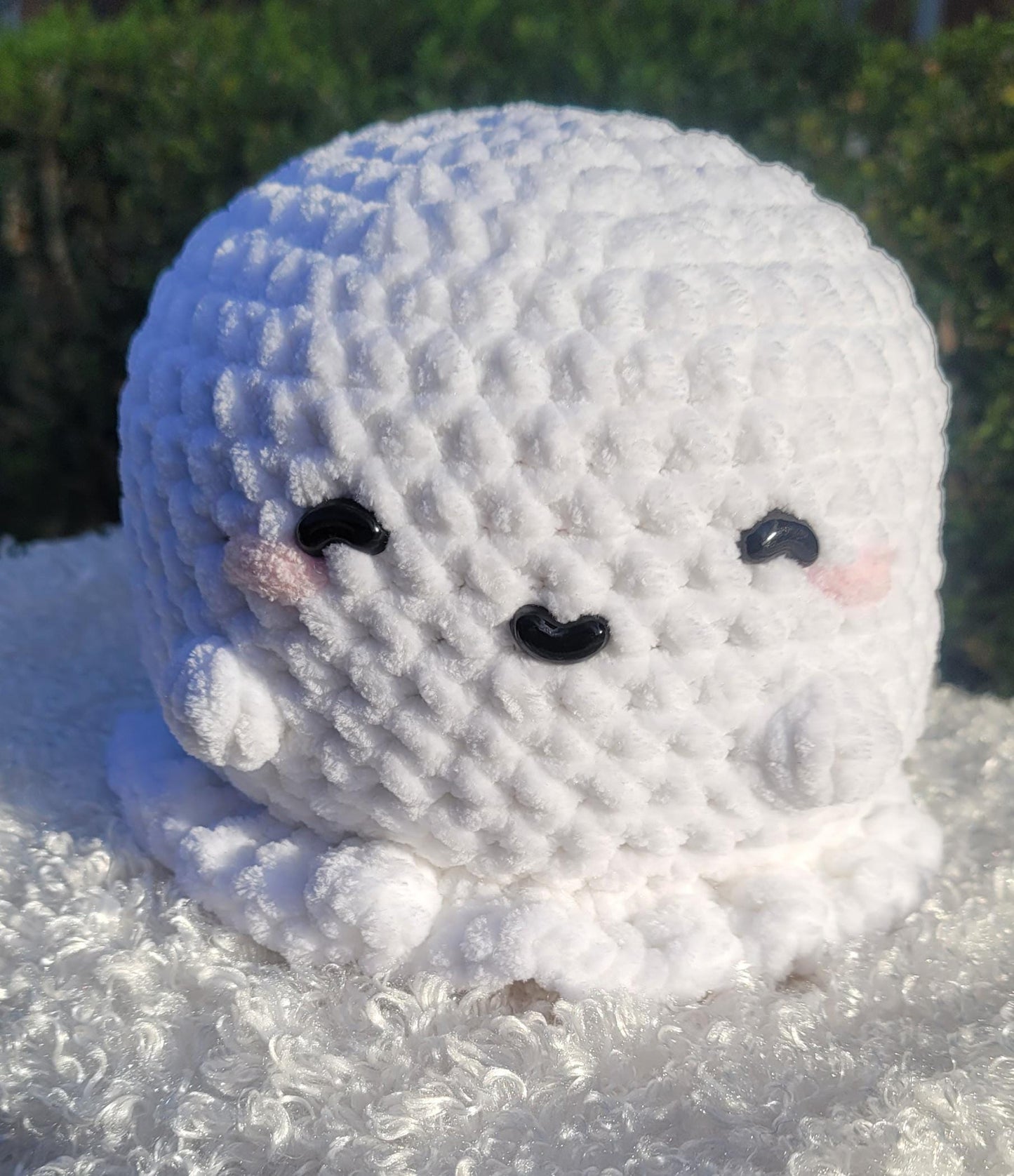 Cute Crochet Ghosts – Handmade White Ghosts with Little Arms, Rosy Cheeks, Blue, Black Eyes and adorable smiles