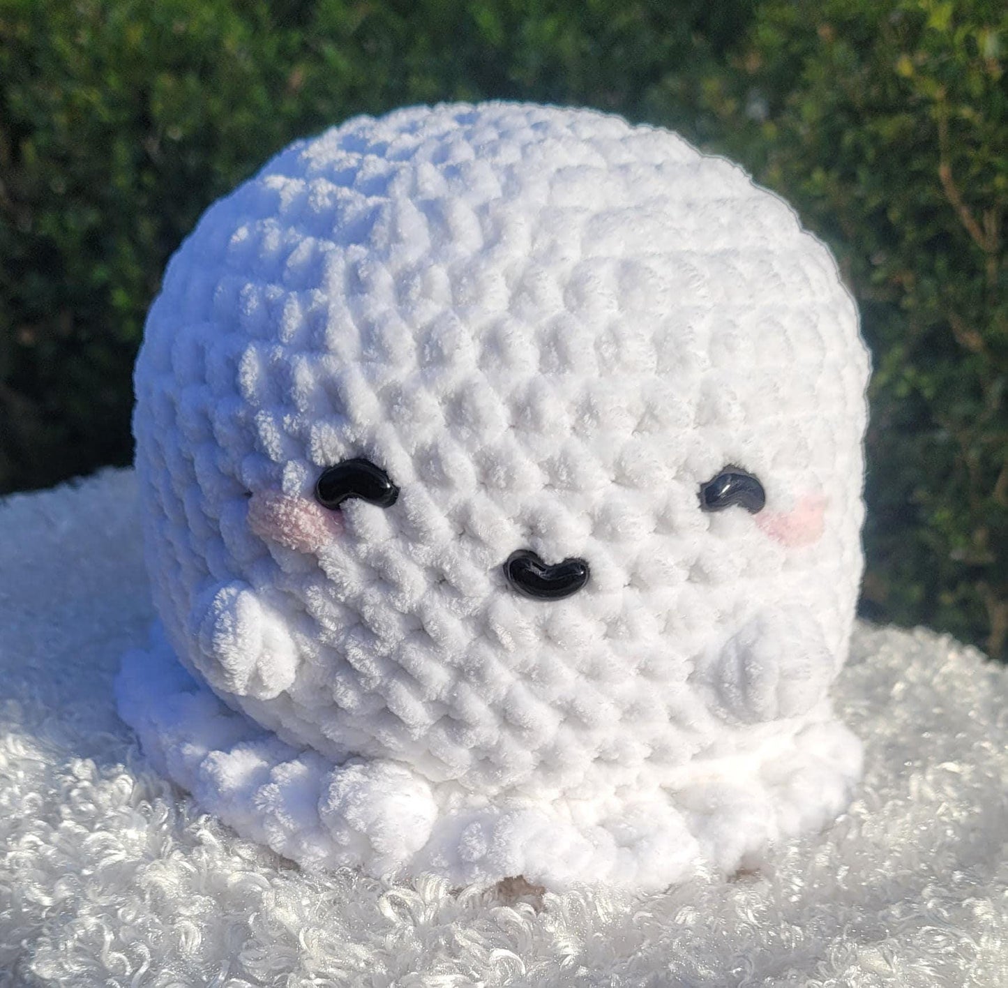 Cute Crochet Ghosts – Handmade White Ghosts with Little Arms, Rosy Cheeks, Blue, Black Eyes and adorable smiles