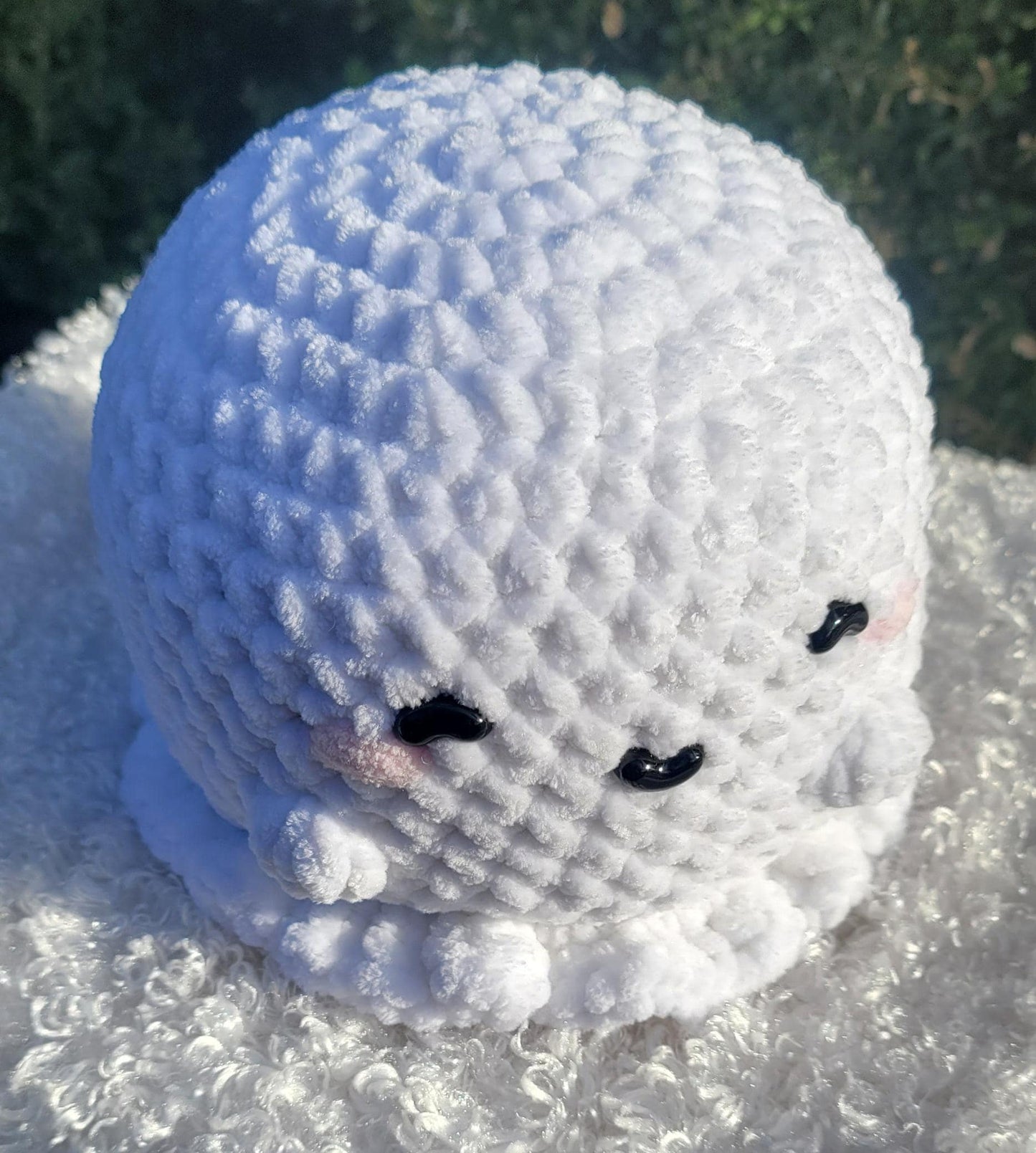 Cute Crochet Ghosts – Handmade White Ghosts with Little Arms, Rosy Cheeks, Blue, Black Eyes and adorable smiles