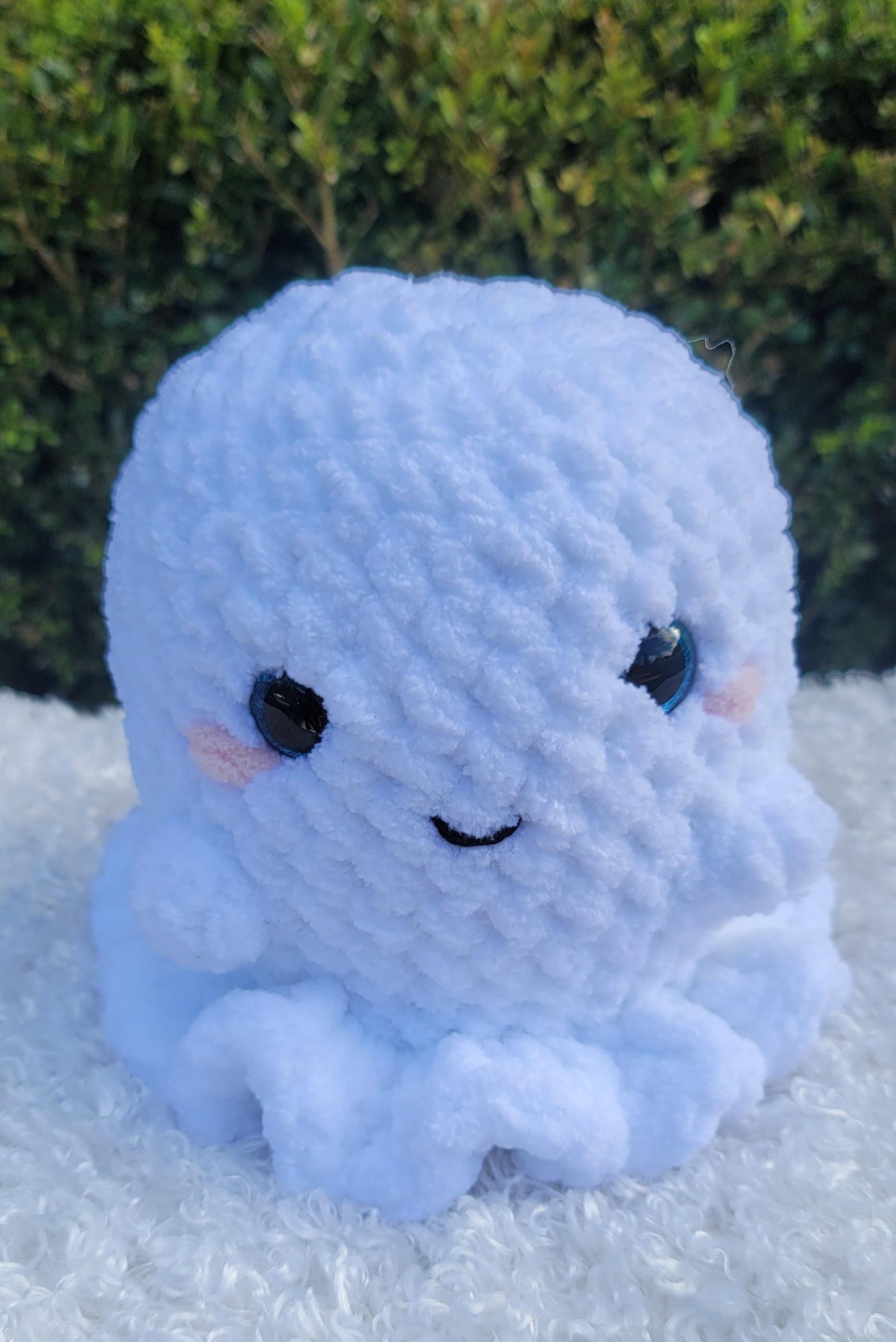 Cute Crochet Ghosts – Handmade White Ghosts with Little Arms, Rosy Cheeks, Blue, Black Eyes and adorable smiles
