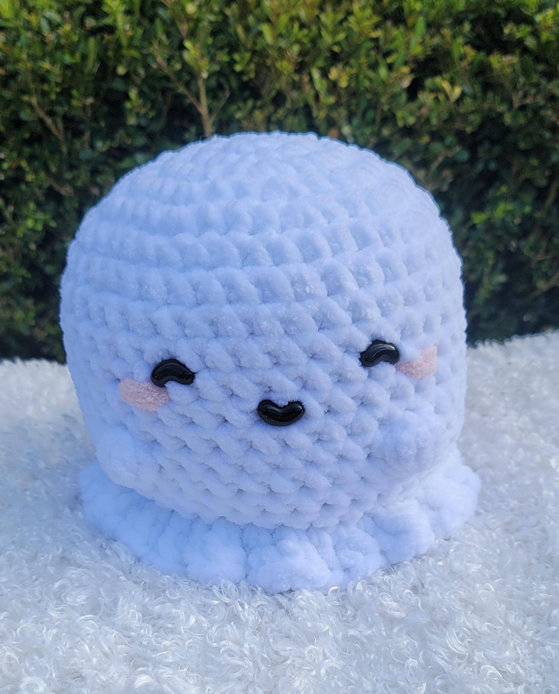 Cute Crochet Ghosts – Handmade White Ghosts with Little Arms, Rosy Cheeks, Blue, Black Eyes and adorable smiles