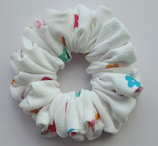 Handmade Floral Scrunchie: White or Multicolored Flowers, Soft Hair Tie
