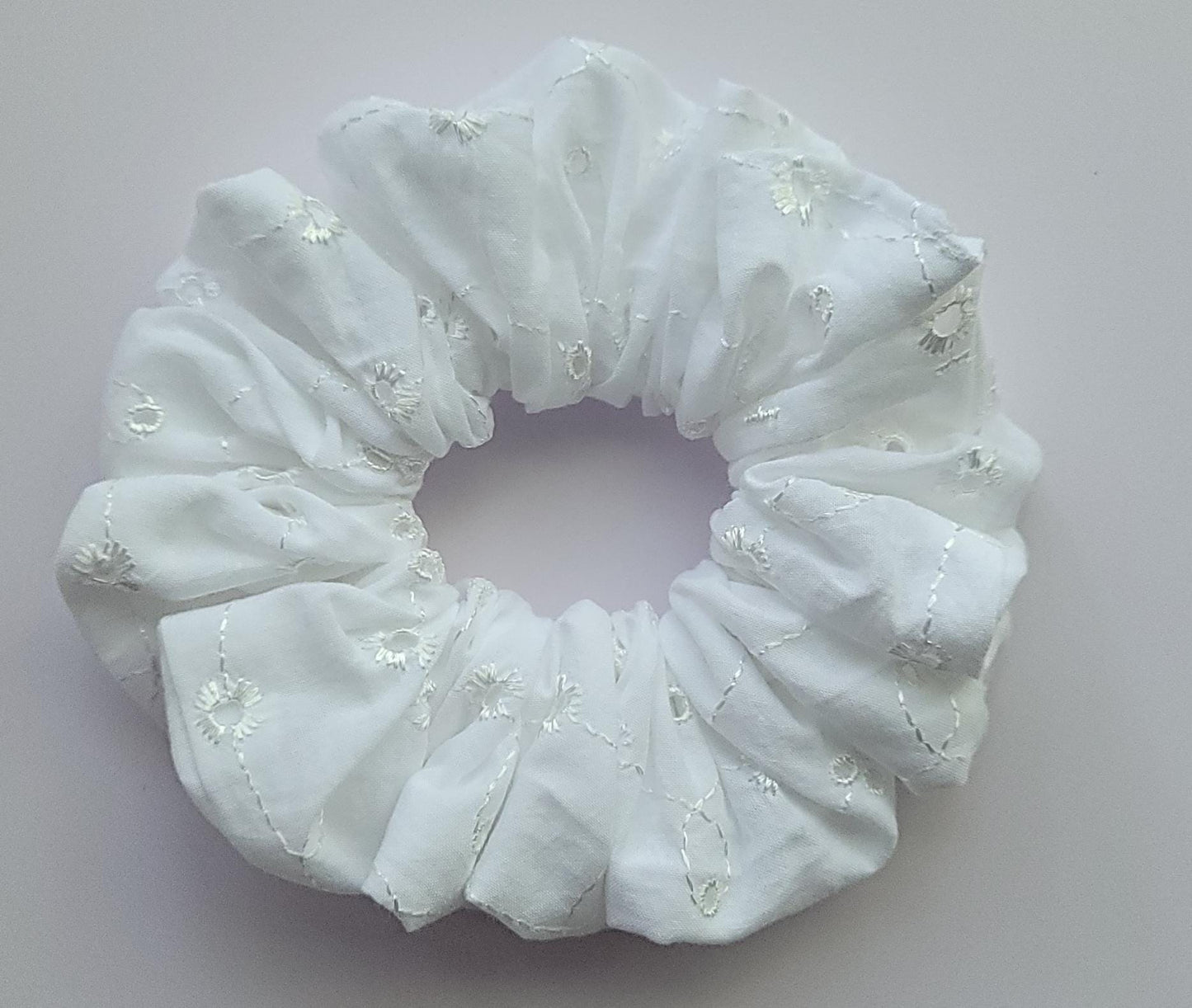 Handmade Floral Scrunchie: White or Multicolored Flowers, Soft Hair Tie