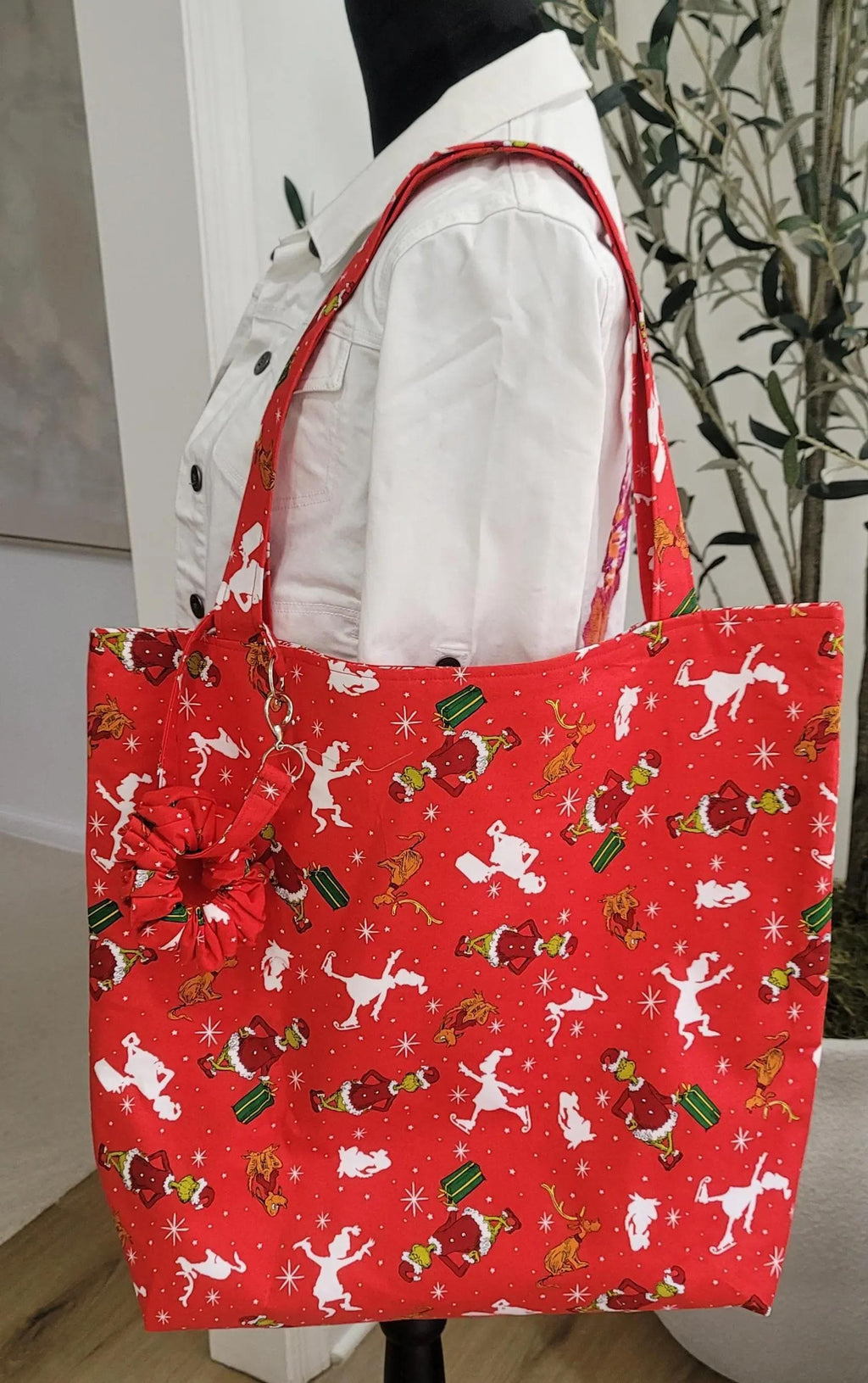 Handmade Grinch and Christmas Tress Tote Bags with Festive Scrunchie Charms