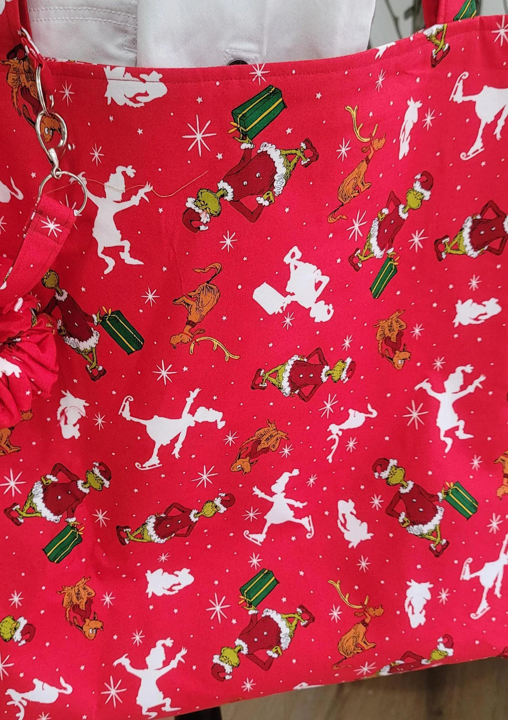 Handmade Grinch and Christmas Tress Tote Bags with Festive Scrunchie Charms