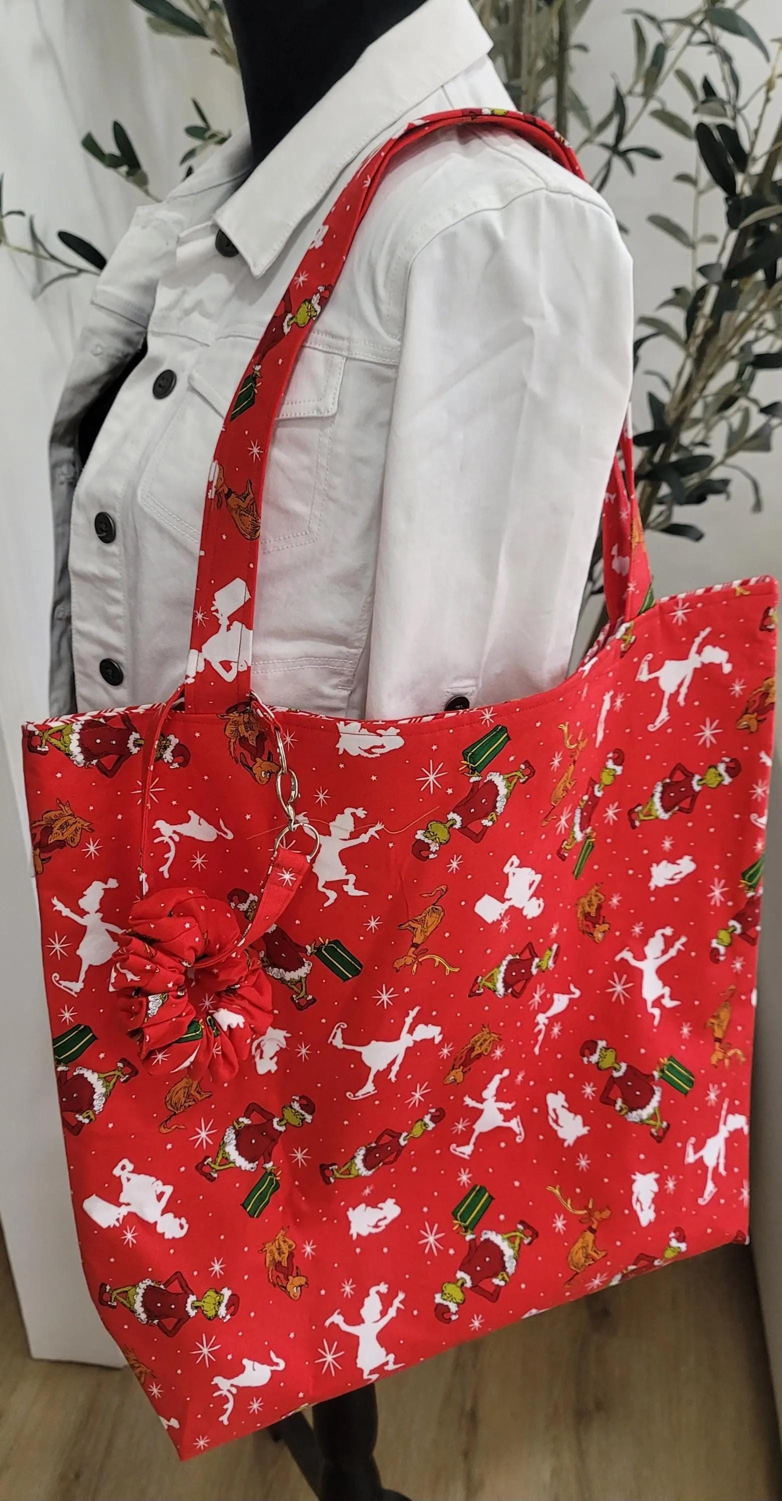 Handmade Grinch and Christmas Tress Tote Bags with Festive Scrunchie Charms