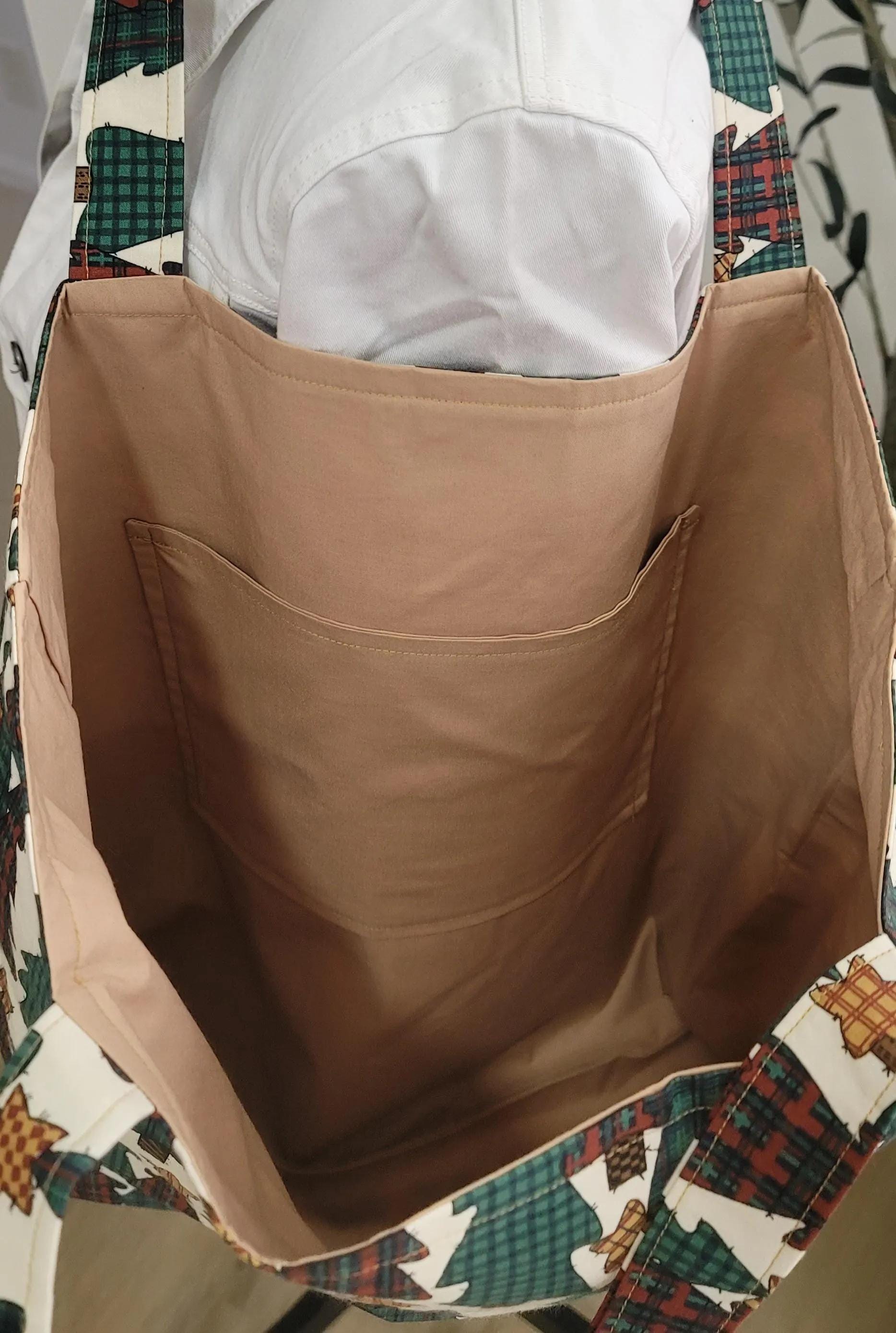 Handmade Grinch and Christmas Tress Tote Bags with Festive Scrunchie Charms