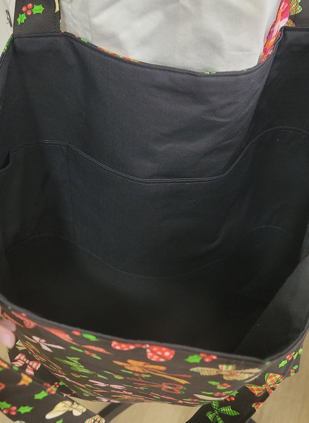 Handmade Grinch and Christmas Tress Tote Bags with Festive Scrunchie Charms