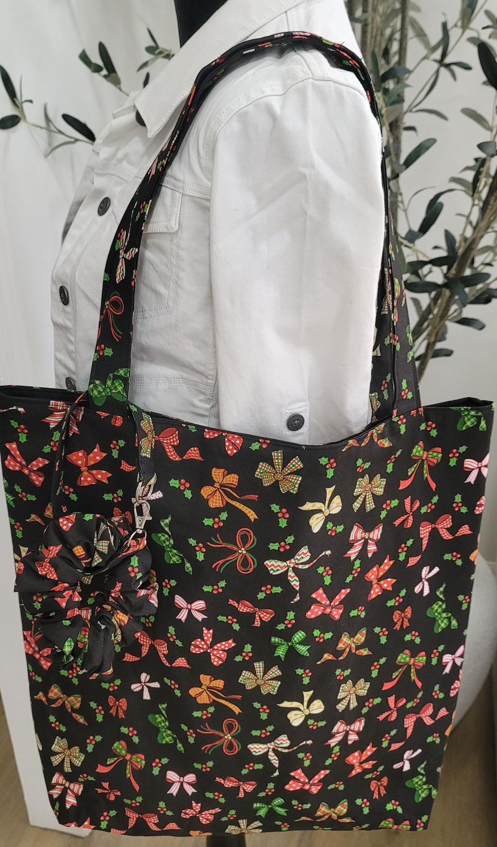 Handmade Grinch and Christmas Tress Tote Bags with Festive Scrunchie Charms