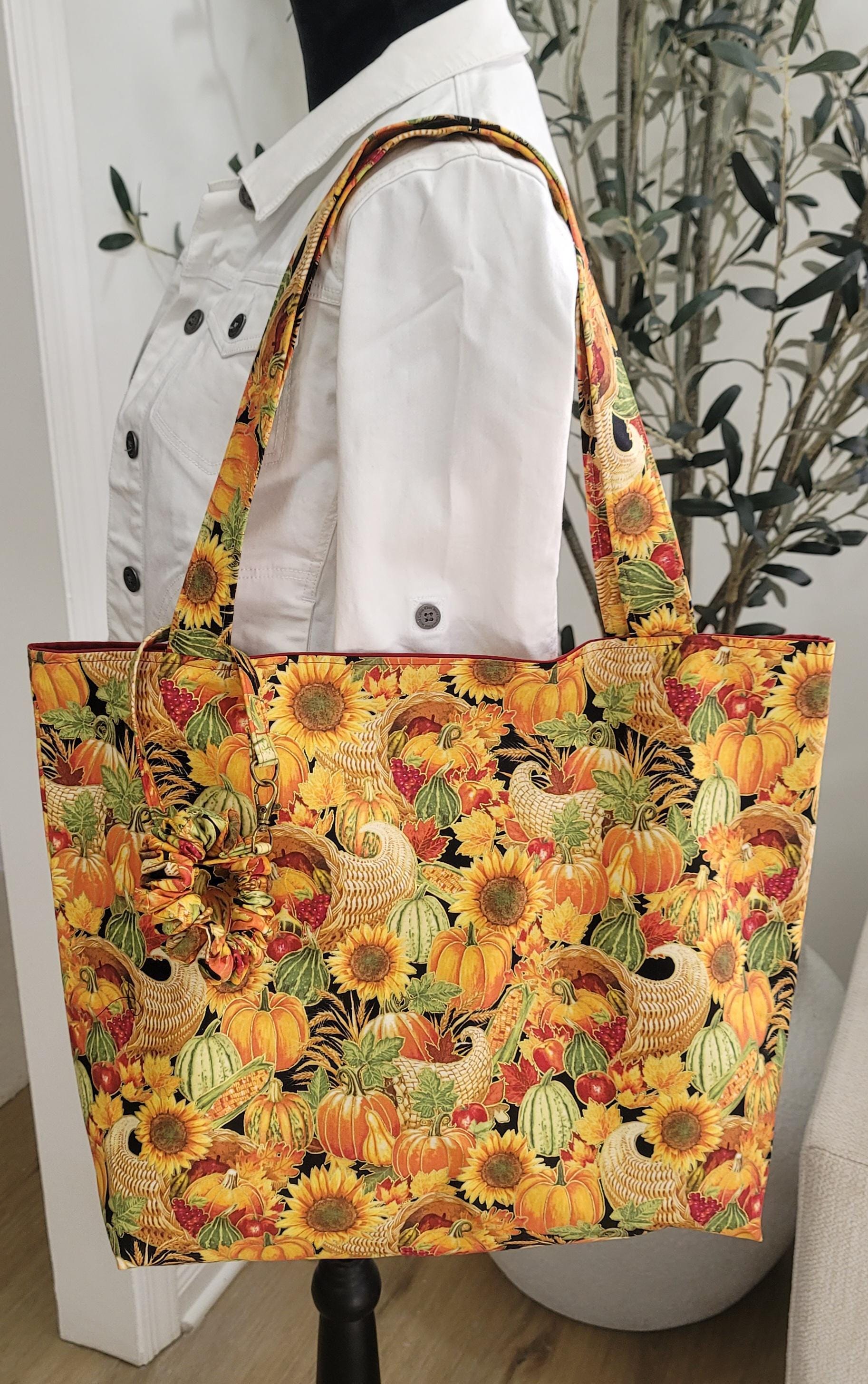 Thanksgiving Tote Bag with Pumpkins and Yellow Sunflowers. Green Tote Bag with Foxes, Hedgehogs, and White Birds