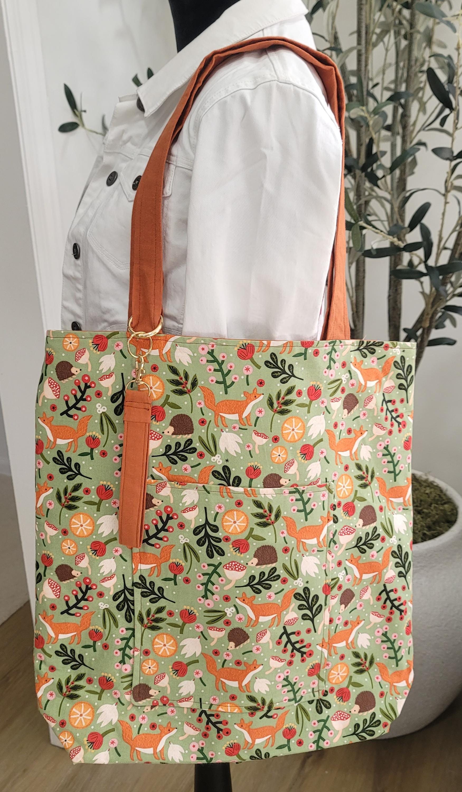 Thanksgiving Tote Bag with Pumpkins and Yellow Sunflowers. Green Tote Bag with Foxes, Hedgehogs, and White Birds