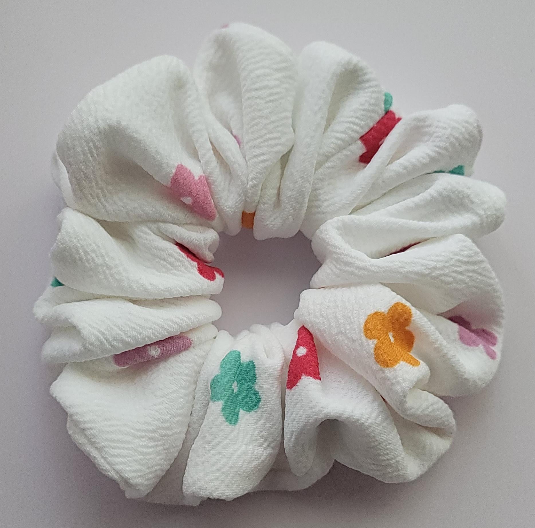 Handmade Floral Scrunchie: White or Multicolored Flowers, Soft Hair Tie