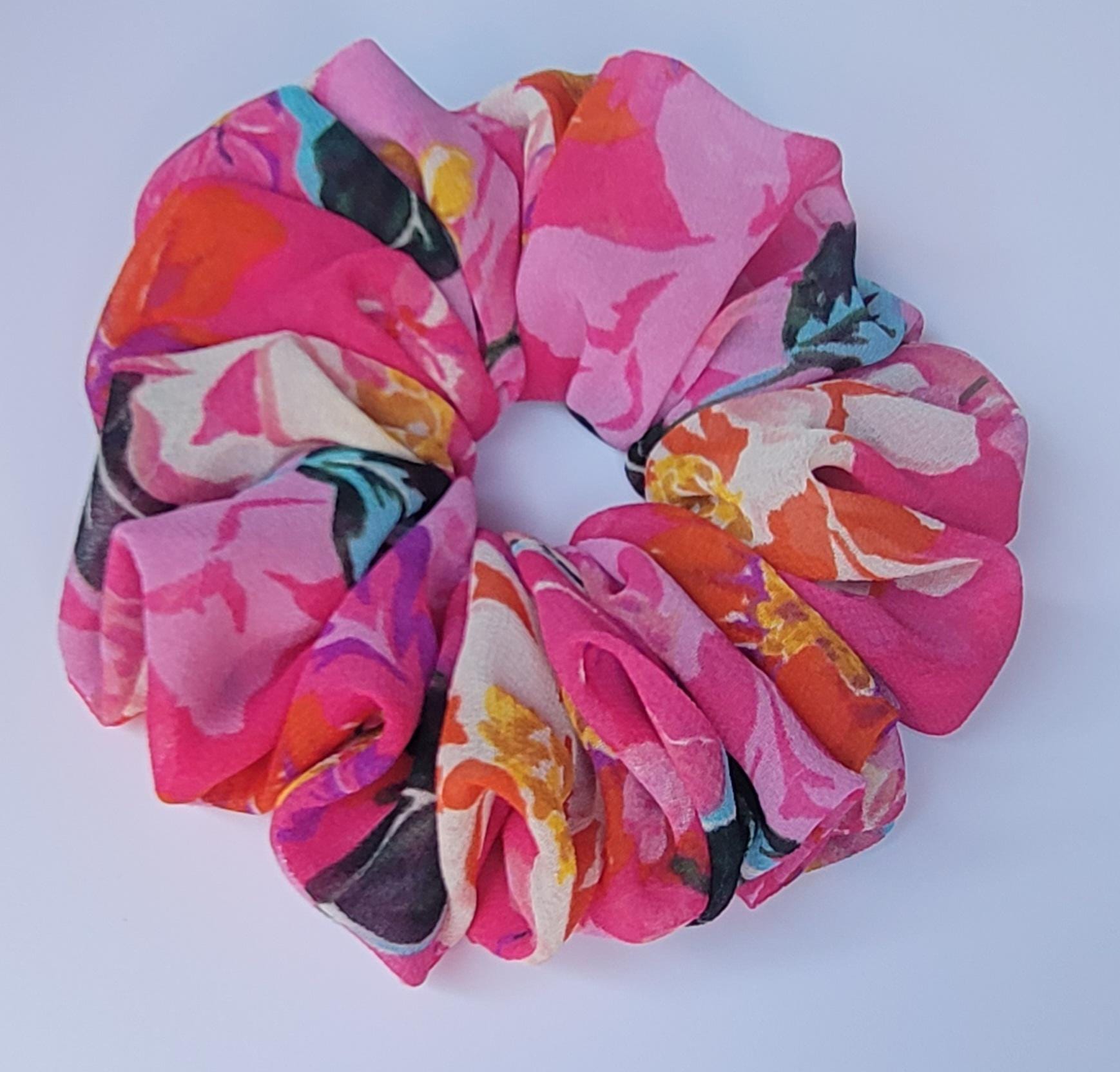 Handmade Floral Scrunchie: White or Multicolored Flowers, Soft Hair Tie