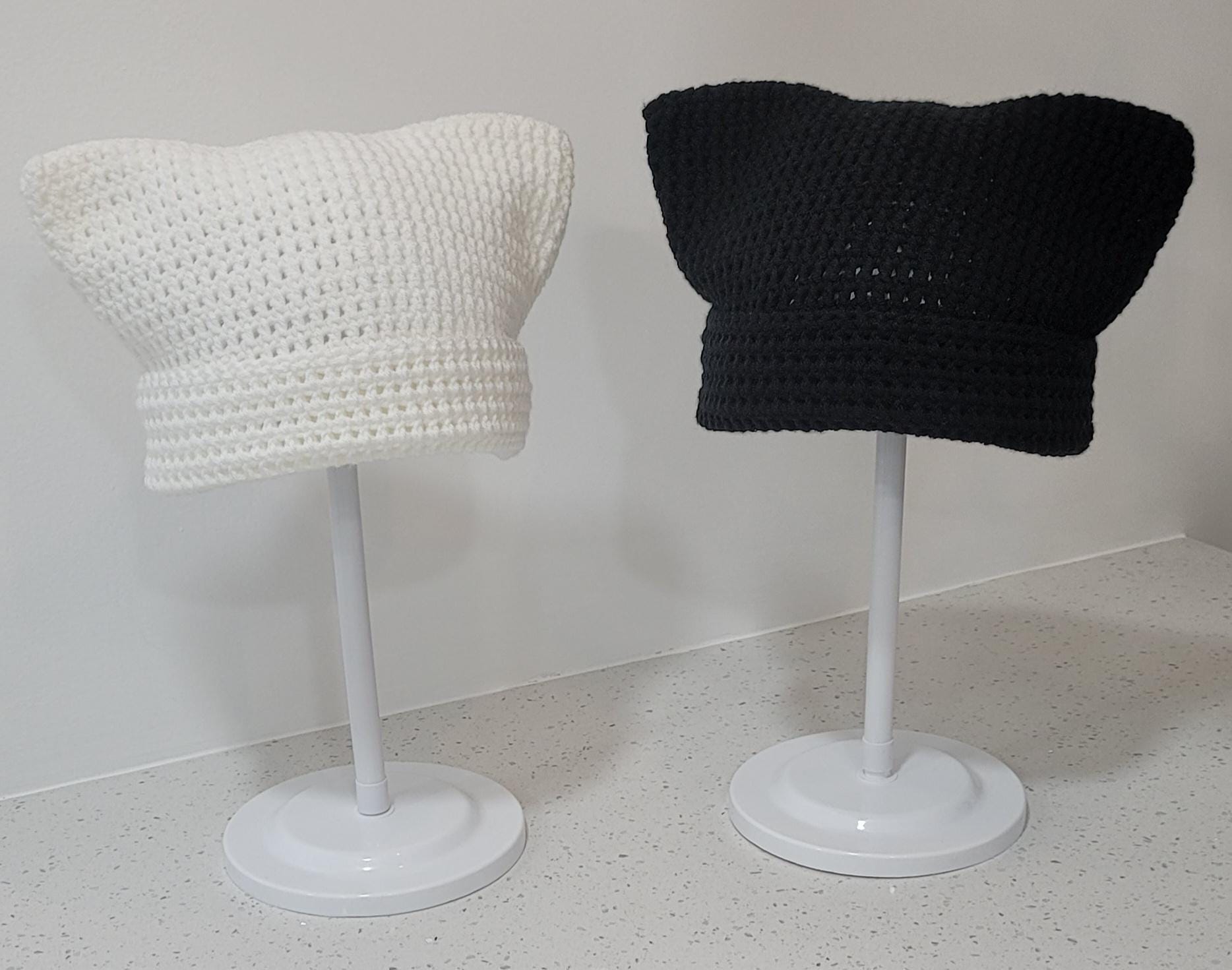 Crochet Kitty-Eared Beanie Hats - Colors Gray, Pink, Black, and White