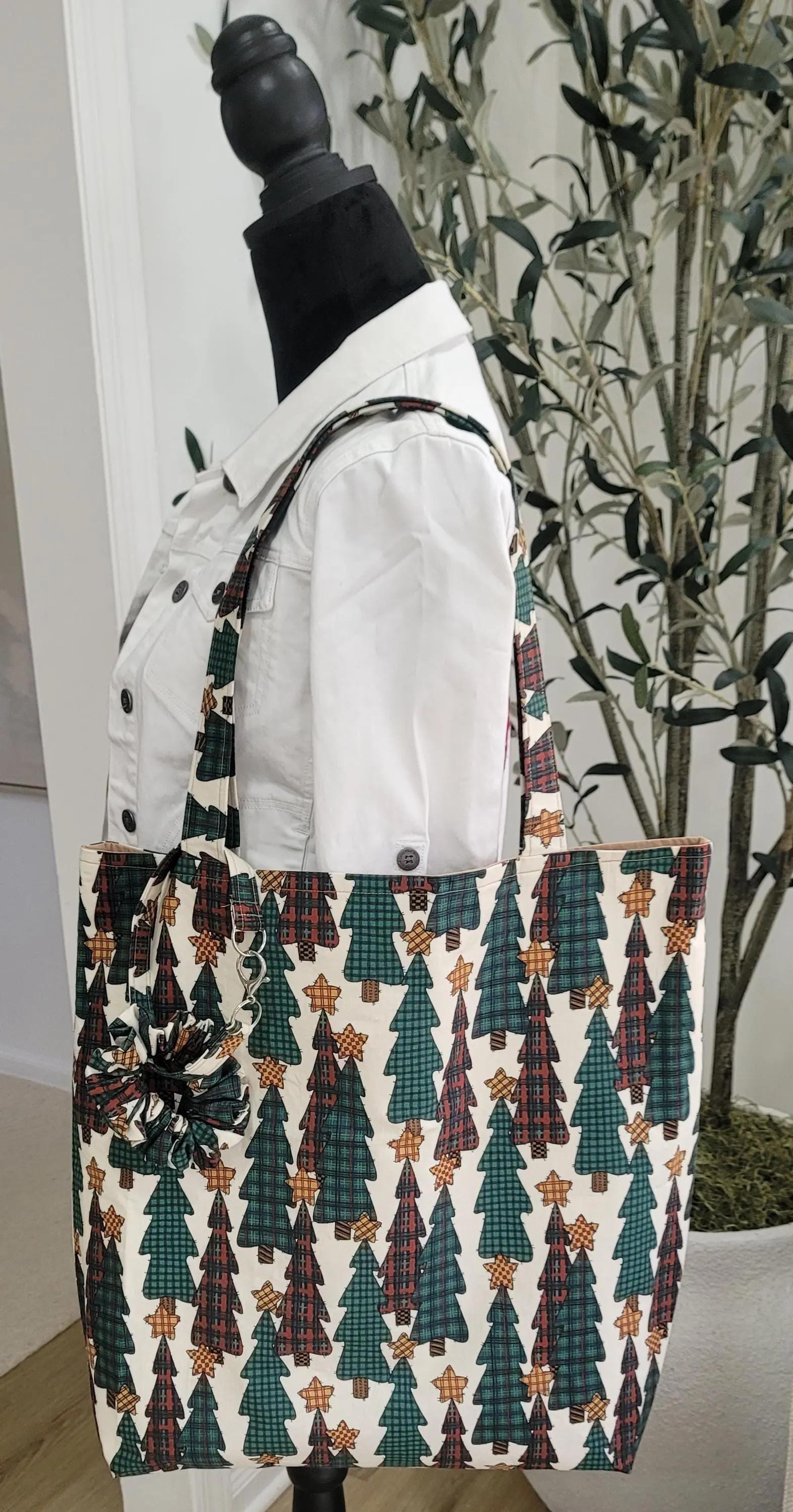 Handmade Grinch and Christmas Tress Tote Bags with Festive Scrunchie Charms