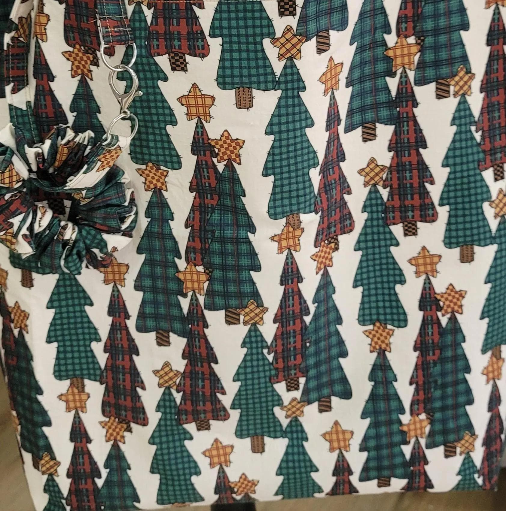 Handmade Grinch and Christmas Tress Tote Bags with Festive Scrunchie Charms