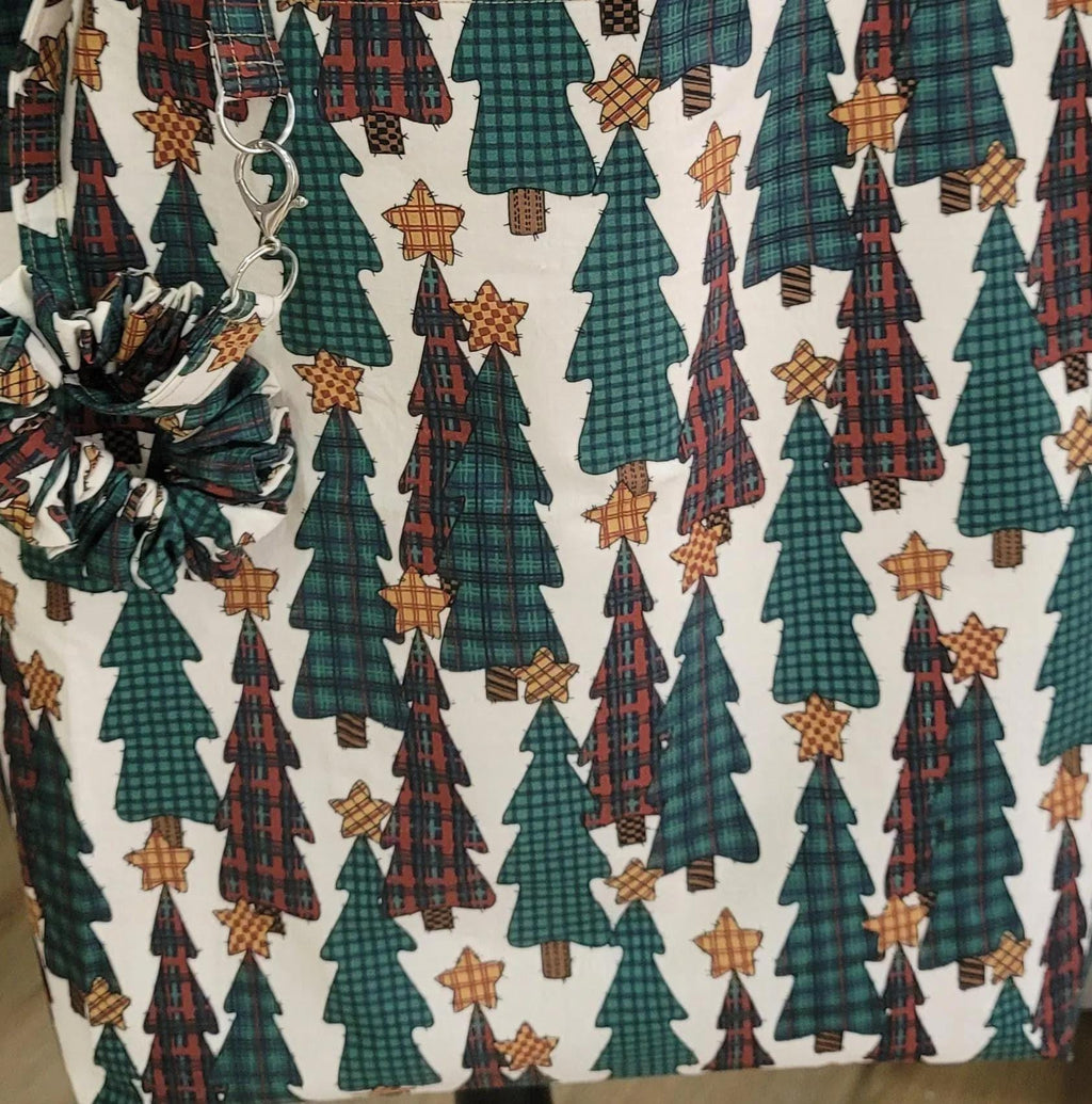 Handmade Grinch and Christmas Tress Tote Bags with Festive Scrunchie Charms