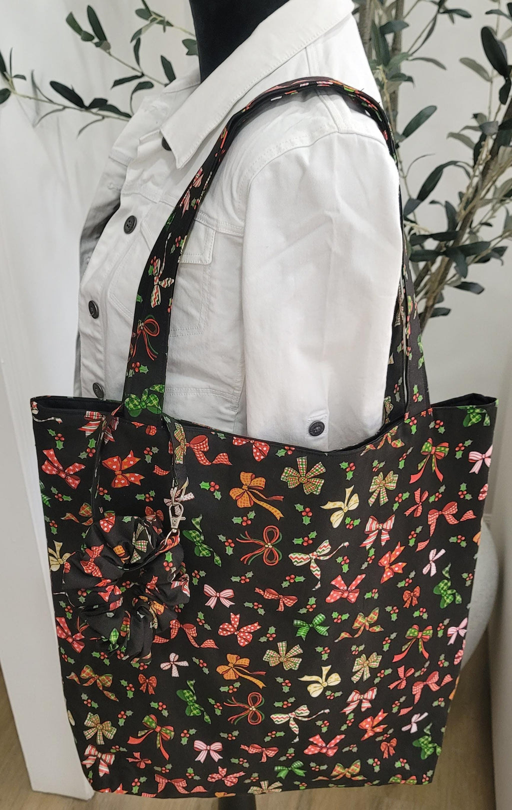 Handmade Grinch and Christmas Tress Tote Bags with Festive Scrunchie Charms