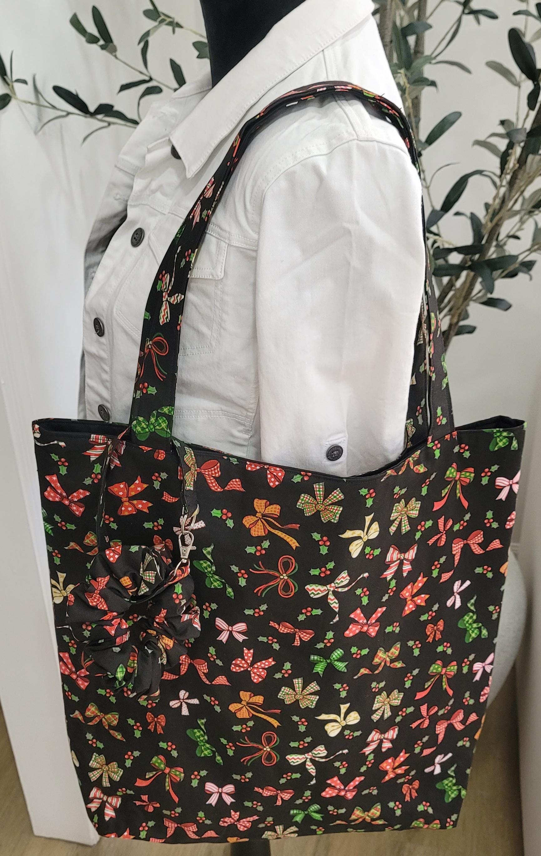 Handmade Grinch and Christmas Tress Tote Bags with Festive Scrunchie Charms