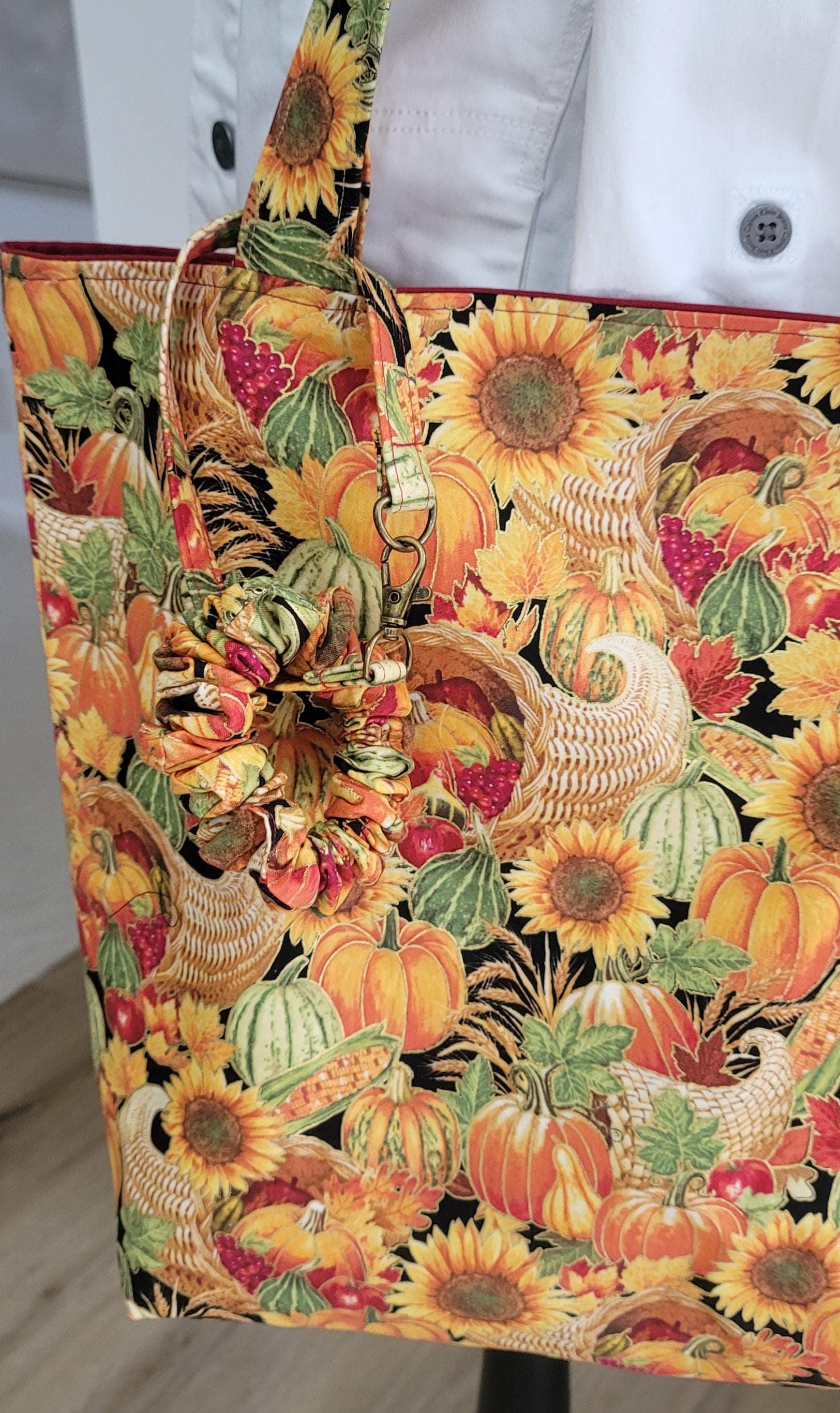 Thanksgiving Tote Bag with Pumpkins and Yellow Sunflowers. Green Tote Bag with Foxes, Hedgehogs, and White Birds