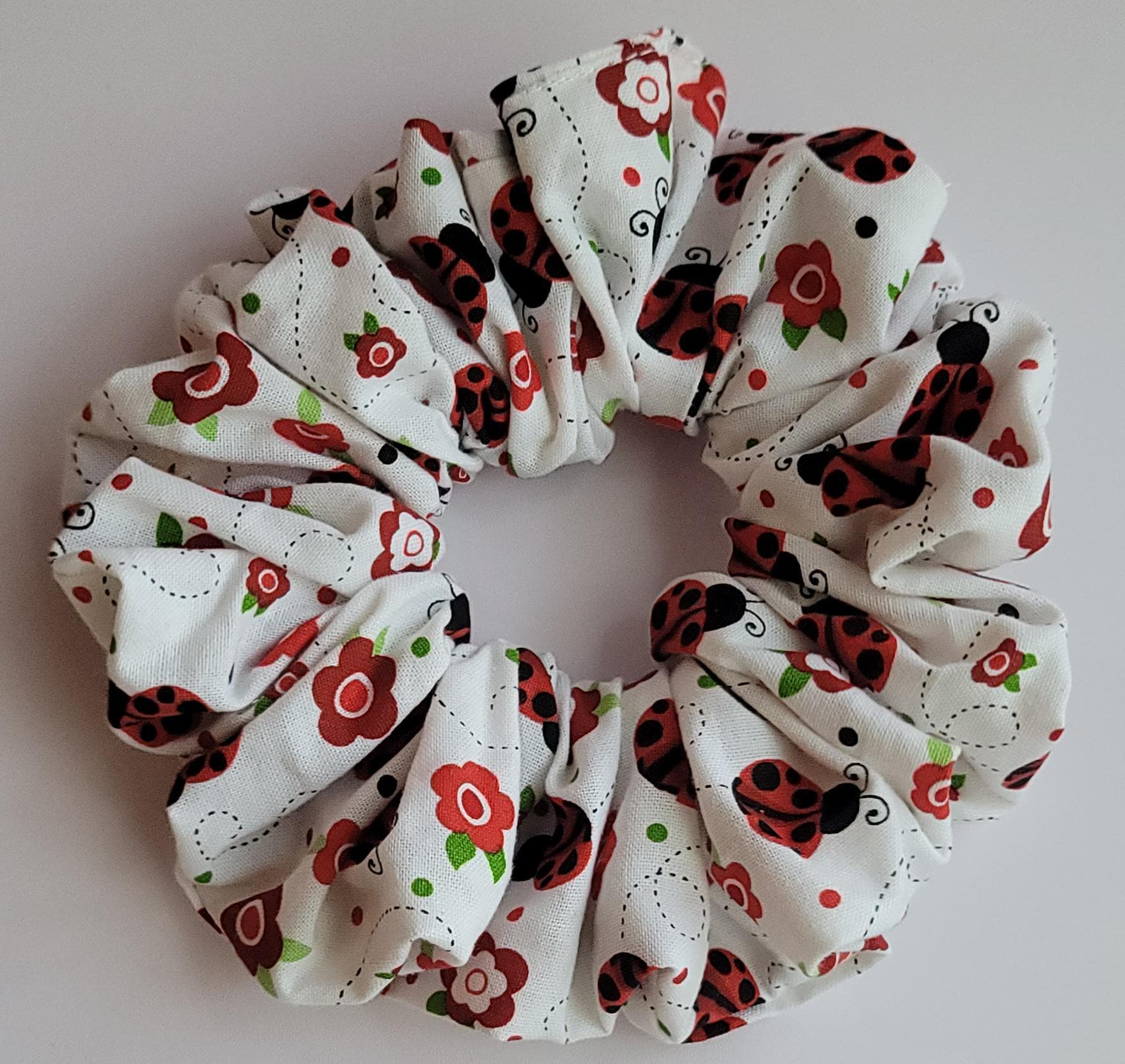 Sewn Scrunchies: Orange, White Ladybug, and White with Butterflies