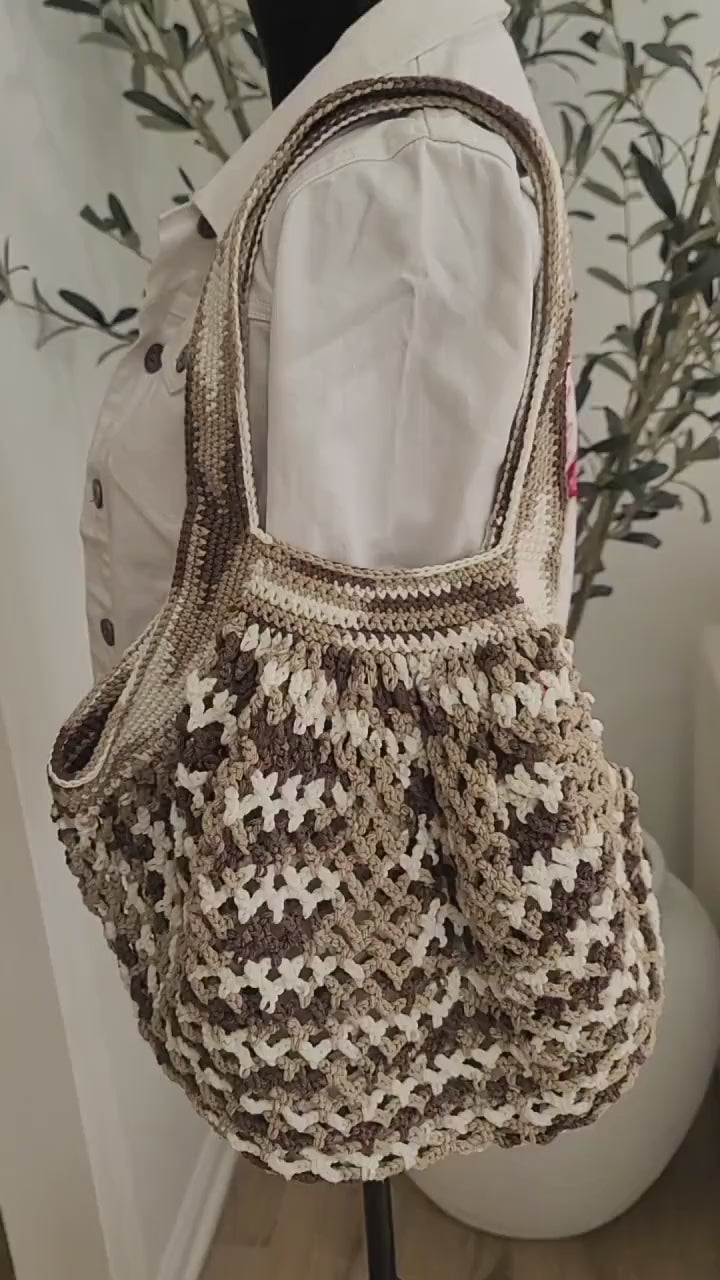 Crochet Brown and White Tote Bag