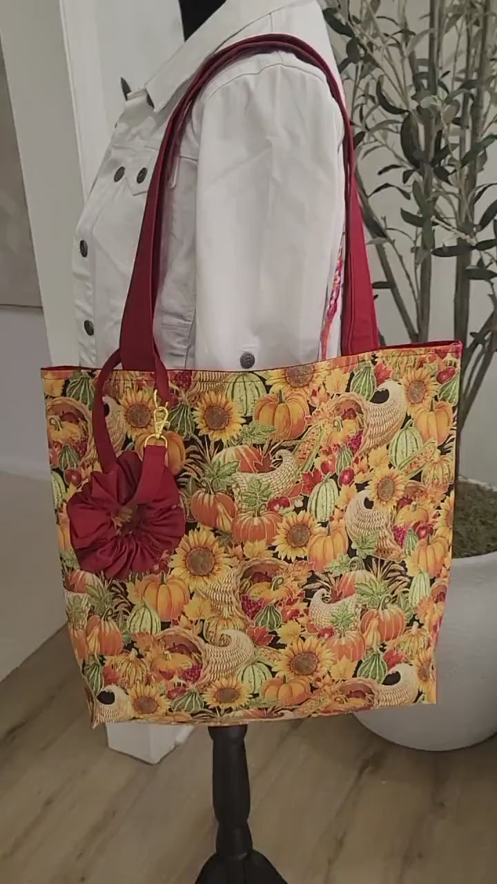 Sewn Tote Bags - Thanksgiving Pumpkins and Yellow Sunflowers  - Green Tote Bag with Foxes, Hedgehogs, and White Birds