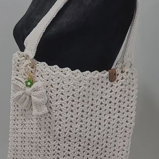 Handmade Crochet White Tote Bag: Lightweight Cotton Shoulder Bag