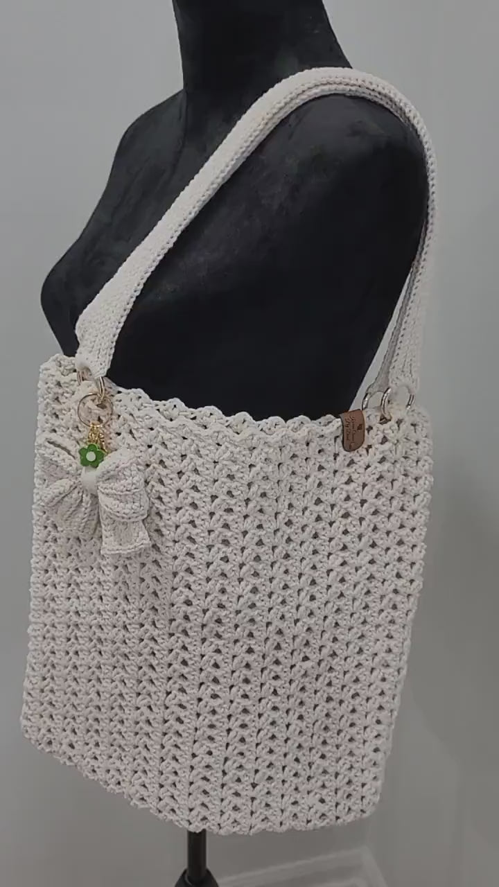 Handmade Crochet White Tote Bag: Lightweight Cotton Shoulder Bag