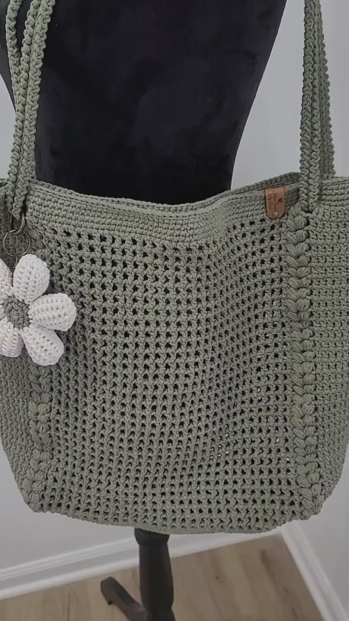 Green Crochet Tote Bag , Eco Friendly Market Bag, Casual Handbag